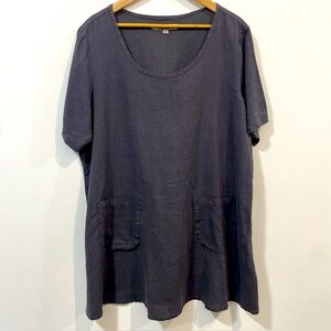 Flax Linen Gray Boxy Short Sleeve Front Pockets Summer Beach Tunic Top Size L